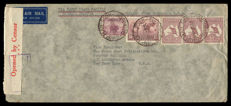 AUSTRALIA: Postal History: 1940-41 airmail covers to USA comprising 1940 (Mar.19) sent at 4/8d Australia-Pacific route via Hong Kong (backstamp), 1941 4/- clipper rate censored covers via New Zealand (4) including an American Consulate General (Sydney) co