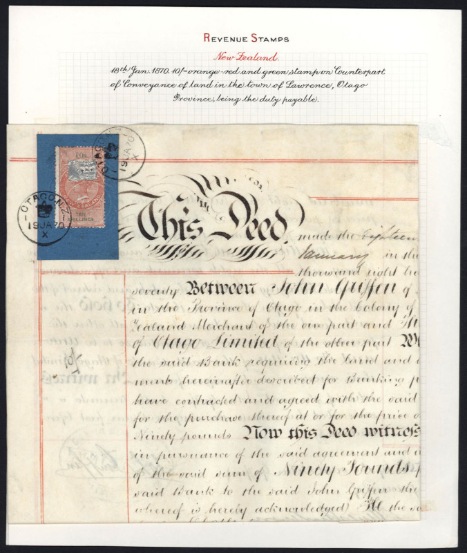 NEW ZEALAND - Revenues: 1870 (Jan.) Conveyance document with QV Long Type 10/- salmon & green tied by OTAGO '19JA70' datestamp and attached by lead fastener to the form which has been folded & bound. Most attractive.