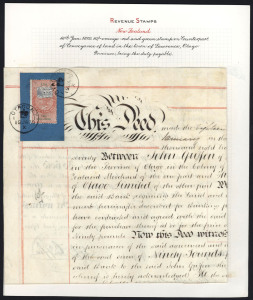 NEW ZEALAND - Revenues: 1870 (Jan.) Conveyance document with QV Long Type 10/- salmon & green tied by OTAGO '19JA70' datestamp and attached by lead fastener to the form which has been folded & bound. Most attractive.