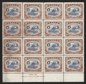 PAPUA: 1929-30 (SG.112) 3d Cooke Printing black & bright blue-green optd 'AIR MAIL' marginal block 10, each stamp cancelled SAMARAI '19SEP30' per favour datestamps; also 1931-32 1�d bright blue & bright brown opts 'OS' (SG.O57) Ash Imprint block of 16 mint, the eight left side units affected by exposure to damp. (2 blocks).