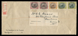 PAPUA - Postal History: 1921 (Aug.16) Department of Treasury registered cover (275x120mm) to Hawthorn (Vic) with ½d pair, 2d (2) & 4d cancelled PORT MORESBY '16AU21', black/red registration label, Territory of Papua address label, on reverse Melbourne tra