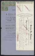 QUEENSLAND: Revenues: Stamp Duty - 1870-72 Brisbane Gas Company share transfer certificates (4) all with Stamp Duty issues attached comprising 1870 with Large Format 10/- & 2/6d (damaged), 1870 with Large Format 5/- yellow pair, 1872 with Large Format 2/ - 4