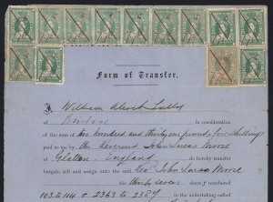 QUEENSLAND: Revenues: Stamp Duty - 1870-72 Brisbane Gas Company share transfer certificates (4) all with Stamp Duty issues attached comprising 1870 with Large Format 10/- & 2/6d (damaged), 1870 with Large Format 5/- yellow pair, 1872 with Large Format 2/