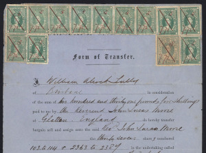 QUEENSLAND: Revenues: Stamp Duty - 1870-72 Brisbane Gas Company share transfer certificates (4) all with Stamp Duty issues attached comprising 1870 with Large Format 10/- & 2/6d (damaged), 1870 with Large Format 5/- yellow pair, 1872 with Large Format 2/6d pair, 1872 with Large Format 6d plus Small Format 1/- (12); scarce group "on cover". (4 items)