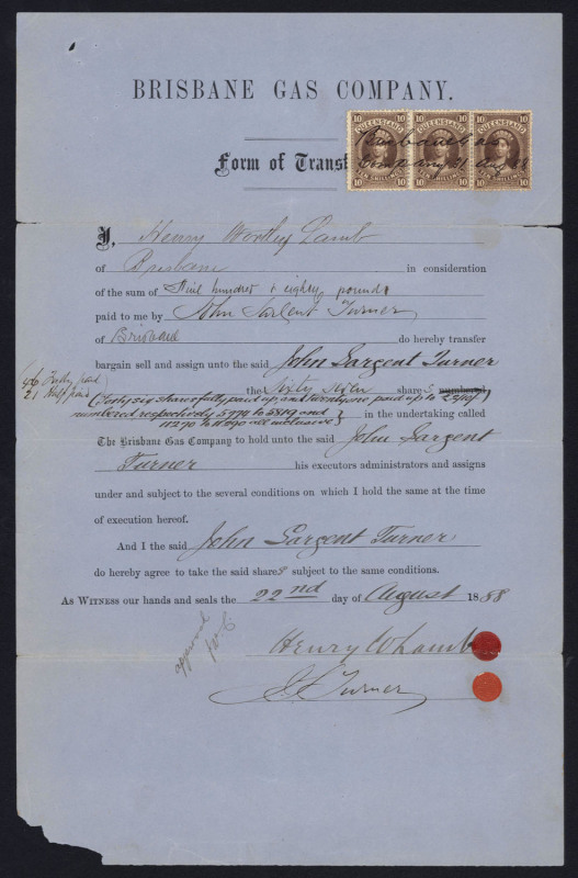 QUEENSLAND: Revenues: Stamp Duty - 1879-88 Brisbane Gas Company share transfer certificates (6) comprising 1879 with Small Format 10/- & 2/6d, 1879 (two forms) with 10/-, 5/- & 2/6d and 10/- & 5/-, Large Chalons attached to 1885 form with 5/- & 10/- and