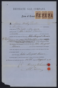 QUEENSLAND: Revenues: Stamp Duty - 1879-88 Brisbane Gas Company share transfer certificates (6) comprising 1879 with Small Format 10/- & 2/6d, 1879 (two forms) with 10/-, 5/- & 2/6d and 10/- & 5/-, Large Chalons attached to 1885 form with 5/- & 10/- and 