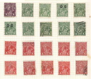 AUSTRALIA: KGV Heads - Collections & Accumulations: Disorganised mostly used accumulation on hagners & album pages with values to 1/4d (9) including Single Wmk pair, good representation of perf 'OS' issues and shades, few mint/unused oddments, postmark interest likely. Worthy of inspection. (500+)