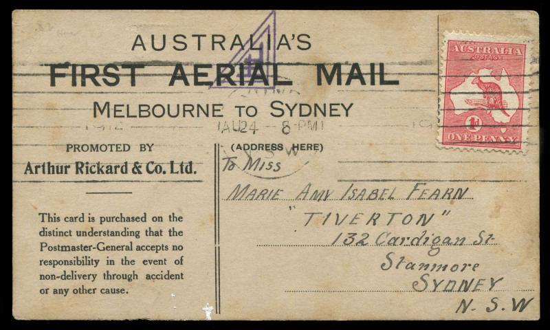 AUSTRALIA: Aerophilately & Flight Covers: June 1914 (AAMC.2) Melbourne - Sydney Official Souvenir postcards for proposed first official airmail flight by 'Wizard' Stone which was cancelled following a crash on 1 June which extensively damaged the plane an