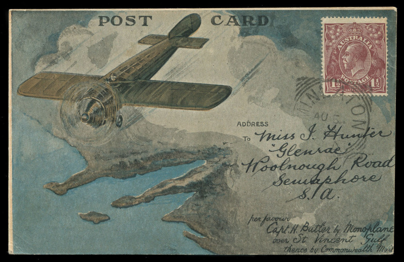 AUSTRALIA: Aerophilately & Flight Covers: 6 August (AAMC.20) Adelaide - Minlaton, special postcard [#35] carried by Captain Harry Butler in his Bristol monoplane, the "Red Devil"; reverse with photo of Butler, printed message and printed signature. Prove