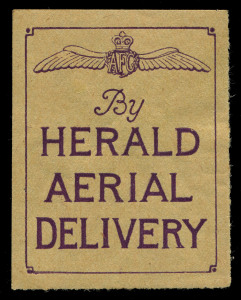 AUSTRALIA: Aerophilately & Flight Covers: July 1920 (AAMC.47a) "By HERALD AERIAL DELIVERY" vignette, Unused with full gum. Small gum thin from previous hinge removal. Extremely scarce. Provenance: The Nelson Eustis Gold Medal Collection, Leski Auctions, March 2008.