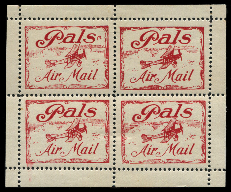 AUSTRALIA: Aerophilately & Flight Covers: 27 Sept.1920 (AAMC.51e, Frommer 4b) For the "Herald & Weekly Times" promotional flight from Melbourne to Longreach for "Pals" boy's magazine, 'Pals Air Mail' vignettes in red were prepared; a complete block of 4 w