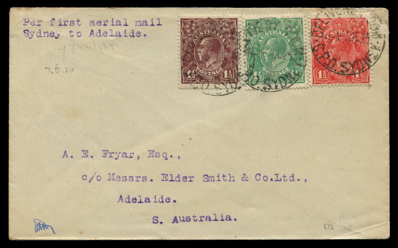 7 June 1924 (AAMC.72) Sydney - Adelaide flown cover, carried by Australian Aerial Services Ltd on their inaugural service via Mildura, Hay, Narrandera and Cootamundra. Cat. $550.