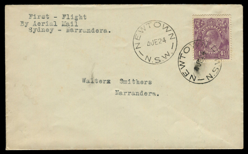 AUSTRALIA: Aerophilately & Flight Covers: 7 June 1924 (AAMC.72a) Sydney - Adelaide intermediate Sydney - Narrandera with KGV 4½d tied by 'NEWTOWN/4JE24/NSW' cds, very fine, Cat $550+. 