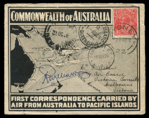 AUSTRALIA: Aerophilately & Flight Covers: THE PACIFIC ISLANDS SURVEY FLIGHT BY RICHARD WILLIAMS 25 Sept.1926 (AAMC.102) A specially printed cover flown and signed by Group Captain Richard Williams on his survey flight which originated in Melbourne. This example addressed to the Air Board, Victoria Barracks, Melbourne with datestamps of "SYDNEY", "THURSDAY ISLAND 10 OC 26", "KIETA 31 OC 26" and "SAMARAI 29 NOV 26". An exceptional piece. Provenance: The Nelson Eustis Gold Medal Collection, Leski