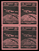 AUSTRALIA: Aerophilately & Flight Covers: Oct.1929 (AAMC.145b) Eyre Peninsula Airways Ltd vignette (black on pink), block.(4). Extremely rare in blocks. Cat.$750. Provenance: The Nelson Eustis Gold Medal Collection, Leski Auctions, March 2008.