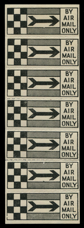 AUSTRALIA: Aerophilately & Flight Covers: Mar.1930 (AAMC.156ad; Frommer 34b) Queensland Air Navigation Co., black & white "chequerboard" (12 squares) 'BY AIR MAIL ONLY' vignette, in a vertical strip of 7, as issued, with roulettes for separating the units