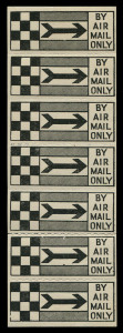 AUSTRALIA: Aerophilately & Flight Covers: Mar.1930 (AAMC.156ad; Frommer 34b) Queensland Air Navigation Co., black & white "chequerboard" (12 squares) 'BY AIR MAIL ONLY' vignette, in a vertical strip of 7, as issued, with roulettes for separating the units.