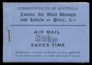 AUSTRALIA: Aerophilately & Flight Covers: 1930 (AAMC.163c) 3d Green airmail stamp, complete booklet of 12 stamps + 12 airmail labels; covers black on bright violet-blue with "AIR MAIL SAVES TIME" on front. Unusually fresh. The Australian 3d green airmail