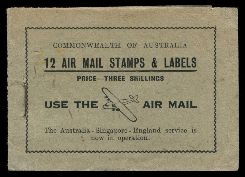 AUSTRALIA: Aerophilately & Flight Covers: 1930 (AAMC.163e) 3d Green Airmail stamp, complete booklet of 12 stamps + 12 airmail labels; covers black on pale green with "USE THE AIR MAIL" on front. Unusually fresh. The Australian 3d green airmail stamp issu