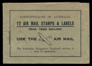 AUSTRALIA: Aerophilately & Flight Covers: 1930 (AAMC.163e) 3d Green Airmail stamp, complete booklet of 12 stamps + 12 airmail labels; covers black on pale green with "USE THE AIR MAIL" on front. Unusually fresh. The Australian 3d green airmail stamp issu