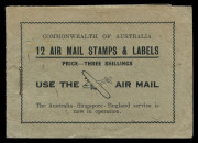 AUSTRALIA: Aerophilately & Flight Covers: 1930 (AAMC.163e) 3d Green Airmail stamp, complete booklet of 12 stamps + 12 airmail labels; covers black on pale green with "USE THE AIR MAIL" on front. Unusually fresh. The Australian 3d green airmail stamp issu