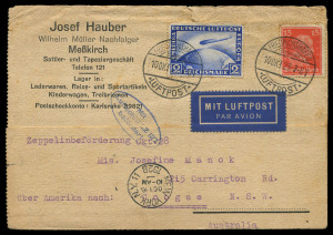 AUSTRALIA: Postal History: 1928 (Oct. 10) postcard from Friedrichshafen to Sydney with Graf Zeppelin oval 'Mit/Luftschiff LZ127/befÃ¶rdert' handstamp in blue, bearing 1928 2Rm Graf Zeppelin for airmail surcharge to US and 15pf UPU postcard rate, 'MIT LUFT