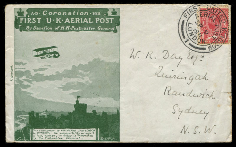 GREAT BRITAIN - Aerophilately & Flight Covers: 1911 (Sept. 9) Accelerated by Airmail first day use of Great Britain deep dull green envelope (with insert) carried on the inaugural British air mail service with special cancel, addressed to Sydney. Two exam