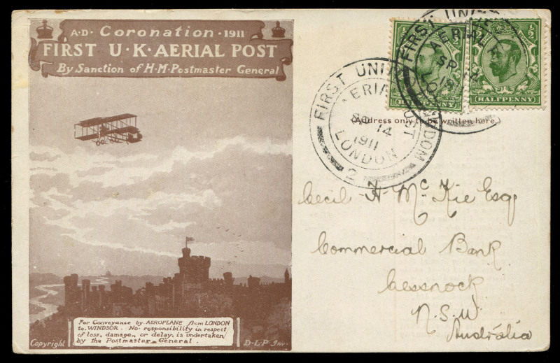 GREAT BRITAIN - Aerophilately & Flight Covers: 1911 (Sept.14) Accelerated by Airmail sixth day use of Great Britain purple-brown postcard with Organizing Committee printed inscription on reverse for inaugural British air mail service; addressed to Cessnoc