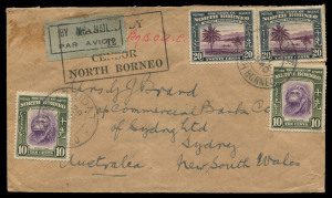 AUSTRALIA: Postal History: 1940 (Oct. 29) censored cover from Kudat, NORTH BORNEO to Sydney endorsed 'By BOAC' for Horseshoe route, bearing aggregate franking of 60c for post-EAMS combined airmail rate 60c per ½oz, rare framed 'PASSED BY/12/CENSOR/NORTH B