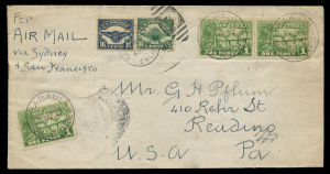 NEW GUINEA - Aerophilately & Flight Covers: Rabaul 1927 (Apr. 30) despatch of USA internal airmail combination franking (AAMC.P1b) cover to Reading (PA), endorsed "Per/AIR MAIL/via Sydney/& San Francisco" with Huts 1d green (3) tied by Rabaul datestamps p
