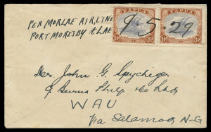 PAPUA - Aerophilately & Flight Covers: 1929 (May 9) Port Moresby - Salamaua - Lae - Wau (AAMC.P17) flown cover, endorsed "PER MORLAE AIRLINE/PORT MORESBY & LAE" with Lakatois 1½d (2) cancelled in large manuscript "9.5.29", carried by Ray Parer in a DH-9, 