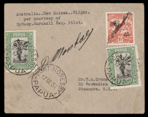 PAPUA - Aerophilately & Flight Covers: 1 Oct.1934 (AAMC.P73) Sydney - Port Moresby flown cover, signed by the pilot, Sidney Marshall in his Westland Widgeon III. [Only 5 covers flown]. Cat.$600.
