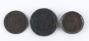 Coins: 1797 King George III 'Cartwheel' One Penny, a huge 28g copper coin which became Australia's first penny when HMS Porpoise brought a shipment from Britain in 1800 to be used by the NSW Governor to pay for supplies, the coin then going into general circulation; together with a half penny 'Cartwheel' and a New Brunswick penny, 1851, (3 items).