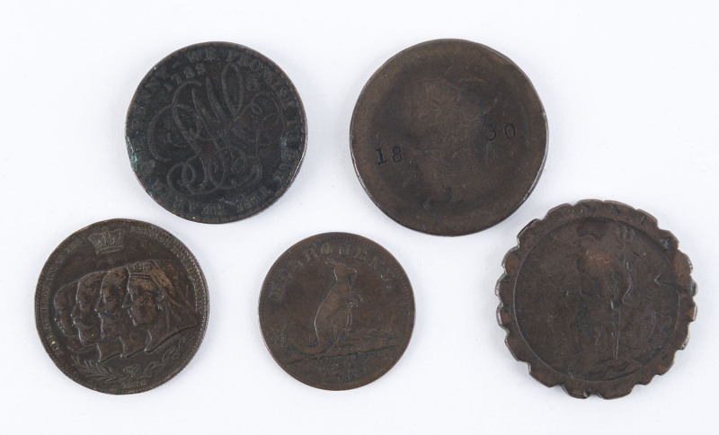 Convict era penny tokens and shop tokens, 19th century, (5 items).