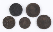 Convict era penny tokens and shop tokens, 19th century, (5 items).