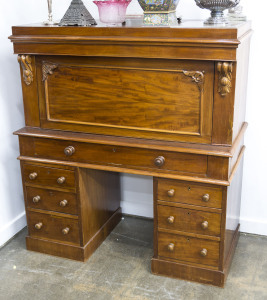 A fine Scottish secretaire desk, flame mahogany, fitted with pull out desk and drawers and compartments, 19th century, 133cm high, 120cm wide, 55cm deep