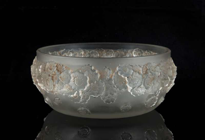 LALIQUE French Art Deco frost glass floral bowl, circa 1930 marked "R. Lalique, France", 7cm high, 16cm diameter