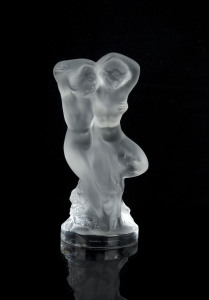 LALIQUE French Art Deco frosted glass figural group, remains of Crystal Lalique label obscuring marks, 13.5cm high,