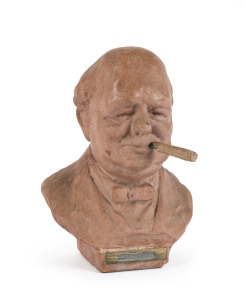 WINSTON CHURCHILL terracotta bust table cigar holder, circa 1940s, ​incised "Talent, Made In England", 22cm high