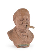 WINSTON CHURCHILL terracotta bust table cigar holder, circa 1940s, ​incised "Talent, Made In England", 22cm high