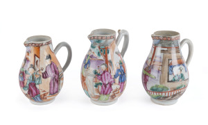Three Chinese export porcelain sparrow beak jugs, circa 1750, the tallest 12cm high