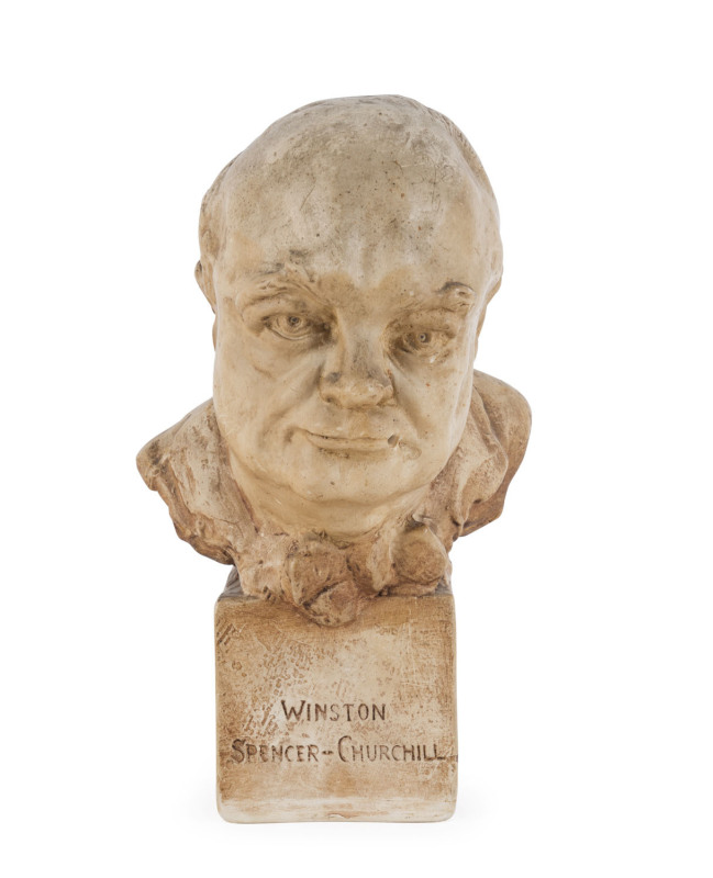 WINSTON SPENCER-CHURCHILL patinated ceramic bust, circa 1940, signed "Jessica Bothwick, July 1940, Copyright, Made In England", ​26.5cm high