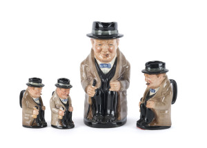 Four Royal Doulton "Winston Churchill" English porcelain toby jugs, ​the tallest 22cm high