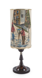 A vintage bakelite table lamp with hand-painted parchment shade, mid 20th century, 38cm high