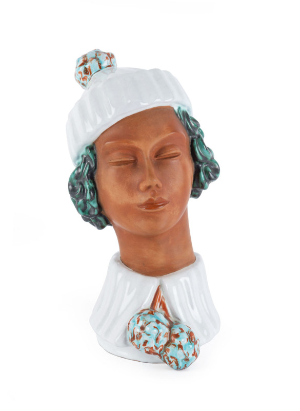 An Italian Art Deco pottery bust of a lady, circa 1930s, signed "Italy, B135, 129/25Z", ​24cm high