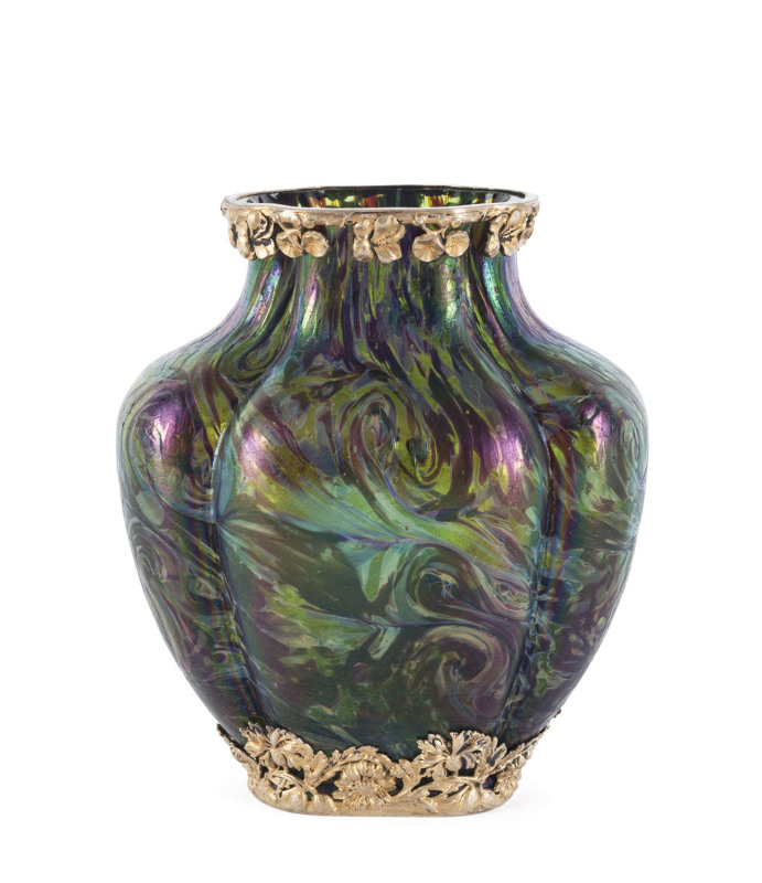 LOETZ Bohemian Art Nouveau iridescent art glass vase with silver mounts, circa 1900, ​15cm high