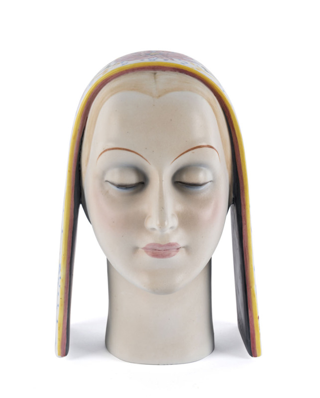 Italian Art Deco pottery bust of a lady with headscarf, circa 1930s, signed "Made In Italy", ​21cm high