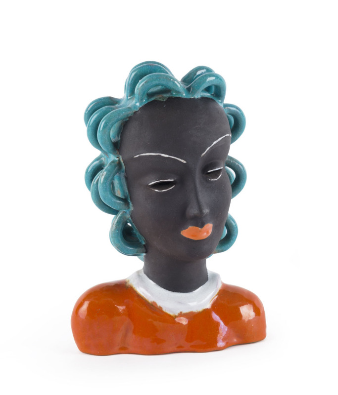 KERAMIA Czechoslovakian Art Deco pottery bust, circa 1930, impressed and black factory mark "Kermania, Made In Czechoslovakian", ​18cm high