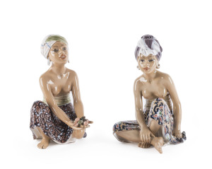 DAHL JENSEN "Balinese women" pair of Danish porcelain statues, circa 1930s, stamped "D.J. Copenhagen, Denmark" with crown, ​21cm and 22cm high