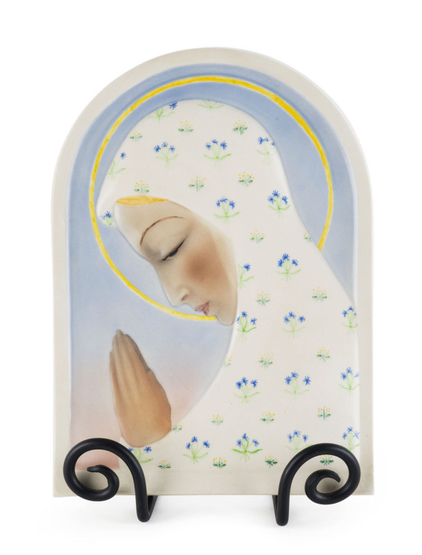 Italian porcelain plaque "Madonna Della Preghiera" circa 1925, hand signed on the back "Di Nori, Torino" with title, ​31cm high